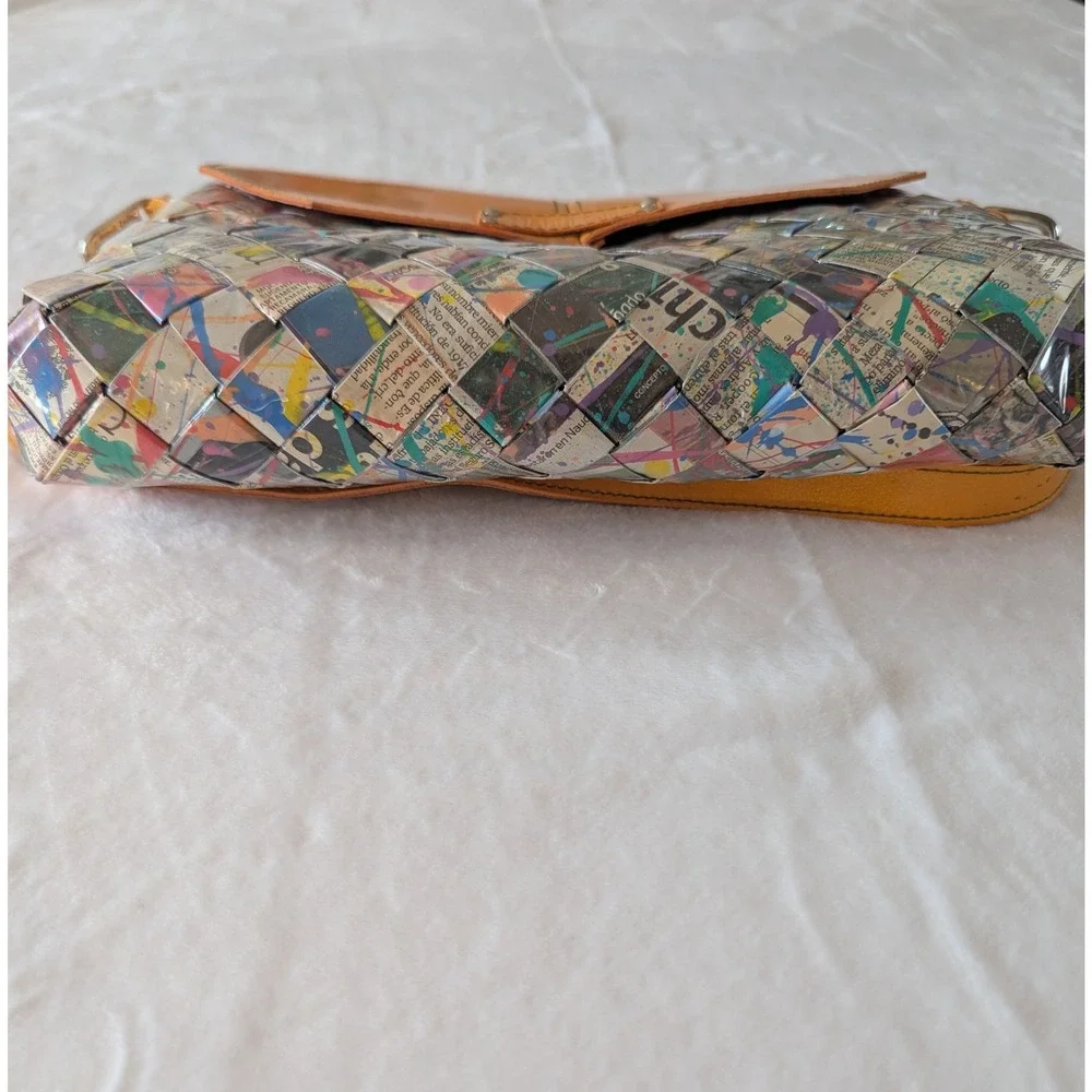 Nohra Ollie Woven Newspaper Print Leather Trim‎ Shoulder Bag Orange